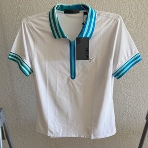 G/FORE White Polo with Teal Stripes size Large- NWT